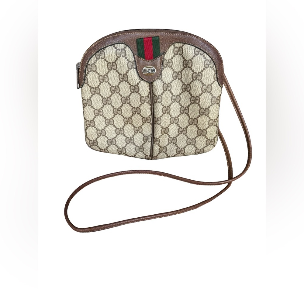Gucci Beige Brown GG Supreme Sherry Line Canvas Crossbody with Green-Red Web